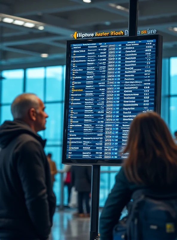 A crowded airport information board displaying flight delays and cancellations, with frustrated travelers looking on.