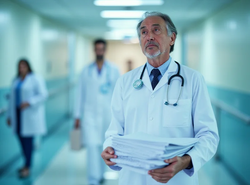 A doctor looking stressed and holding medical charts in a hospital hallway.