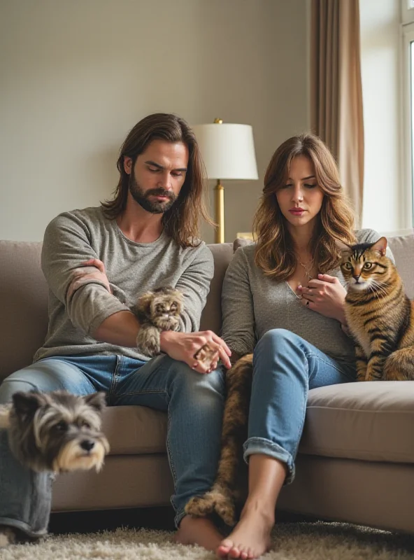 A cat kneading on a man's lap while the woman looks on with a slightly jealous expression.