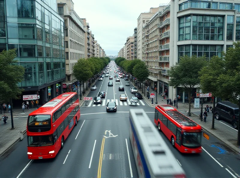 Aerial view of a busy Barcelona street with blurred buses in the background