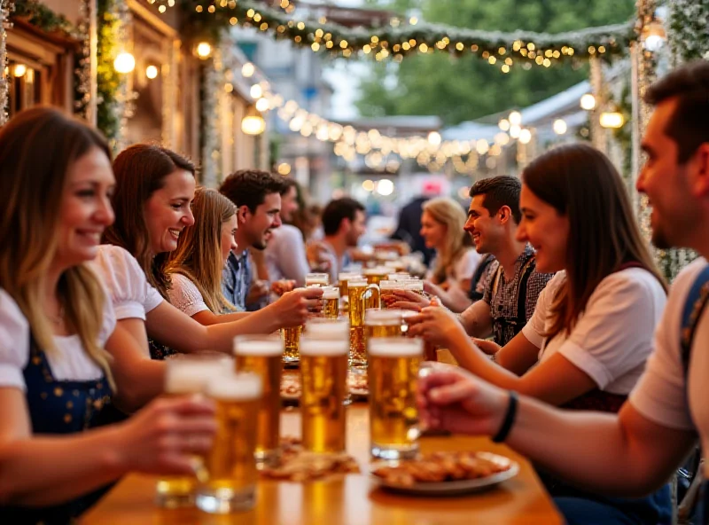 A group of people in traditional Oktoberfest attire, celebrating at a beer garden in Munich.