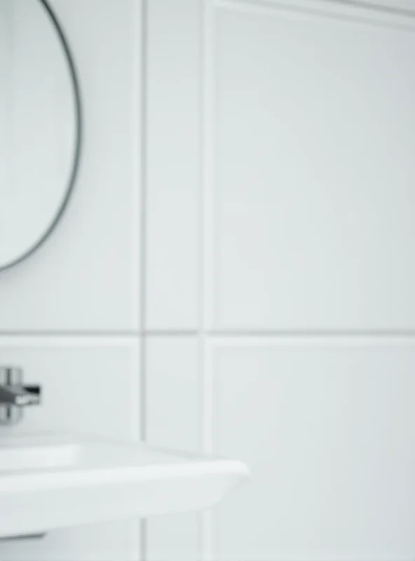 Close-up shot of sparkling clean white bathroom tiles with a blurred background of a modern bathroom.