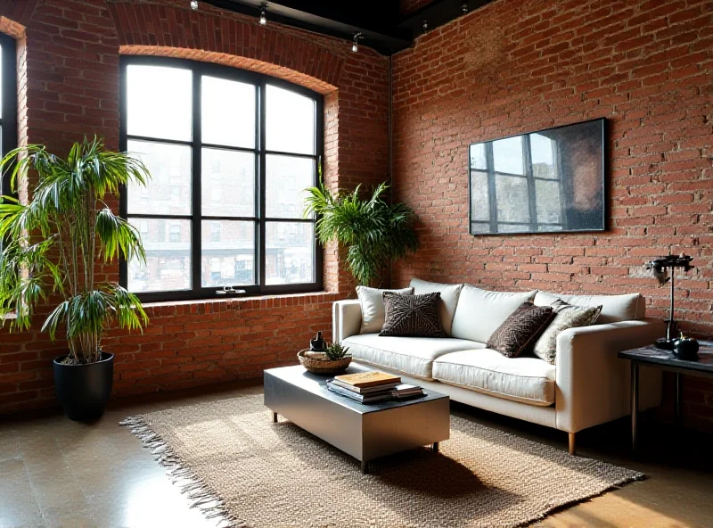 A living room designed with an industrial style featuring exposed brick, metal furniture, and wooden accents.