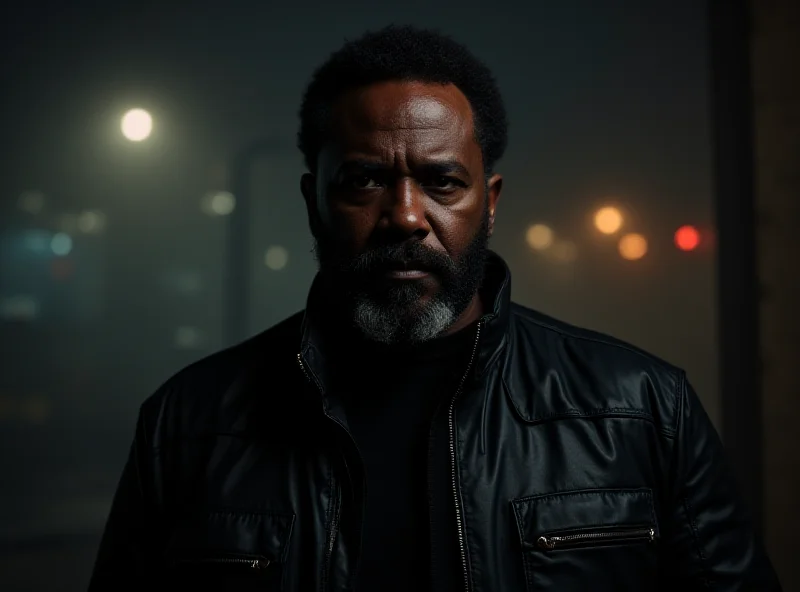 Dramatic portrait of Keefe D, a middle-aged African American man, in a dimly lit studio, wearing a black leather jacket. He has a serious expression and a slight smirk. The background is blurred with hints of urban scenery.