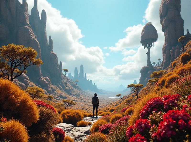 Screenshot from a procedurally generated video game showing a vast, alien landscape with diverse flora and fauna. The environment is rich in detail and color, showcasing the dynamic nature of procedural generation. The player character is visible in the distance, exploring the unique world.