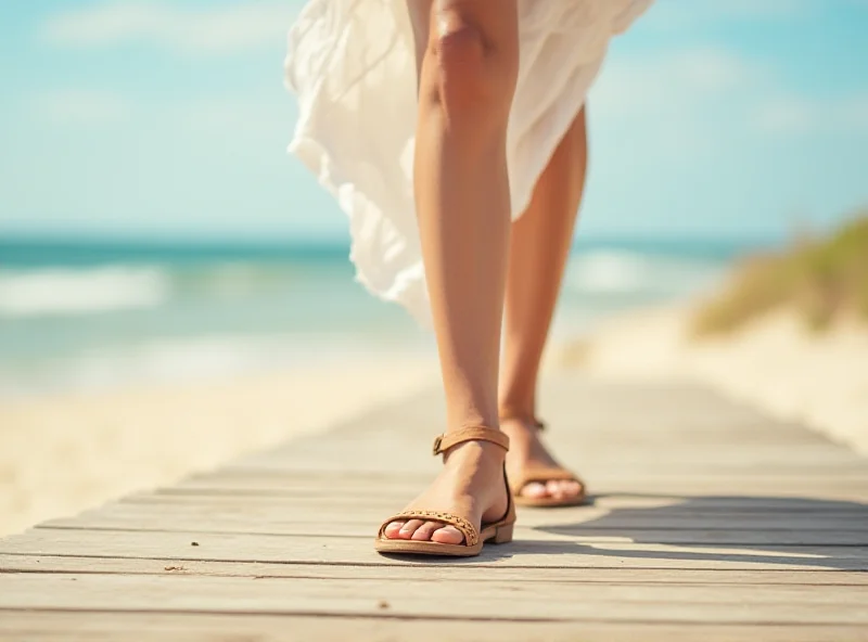 A woman wearing stylish neutral sandals walking on a boardwalk near the beach.