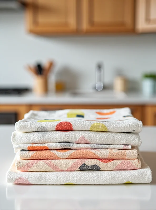 A stack of folded Geometry tea towels in various geometric patterns on a kitchen counter.