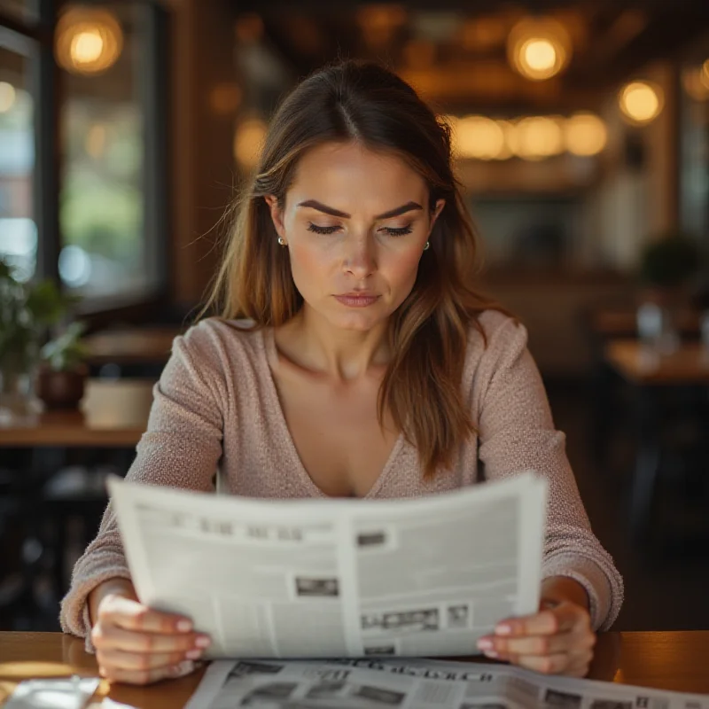 A woman looking concerned and thoughtful while reading a newspaper advice column.