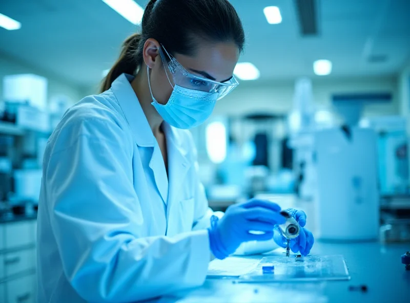 Forensic scientist examining evidence in a lab. The scene is brightly lit and sterile, with various scientific instruments visible in the background.