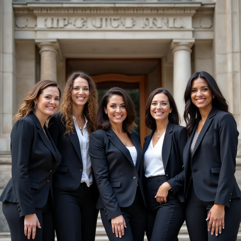 A diverse group of women in business attire standing together in front of a city hall building. They are smiling and appear confident and empowered.