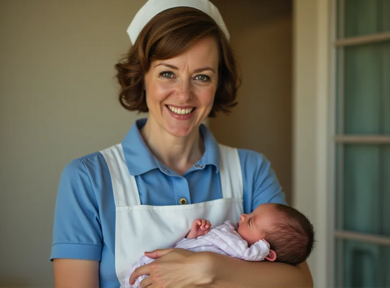 Actress Helen George as Trixie Franklin in Call the Midwife, smiling and holding a baby.