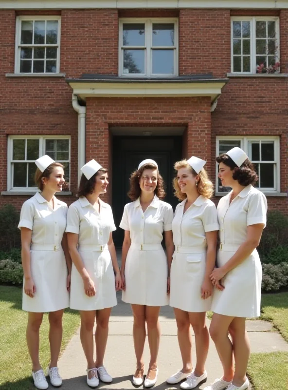 A group of nurses in vintage uniforms standing outside Nonnatus House, smiling at each other.