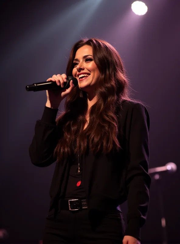 Emma Drobná singing on stage with a microphone, bathed in soft stage lighting, looking confident and happy.