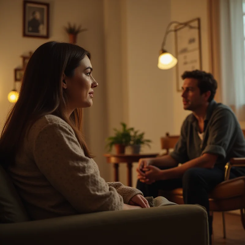 A person sitting in a therapist's office, looking contemplative and engaged in conversation, with a supportive and understanding therapist in the background.