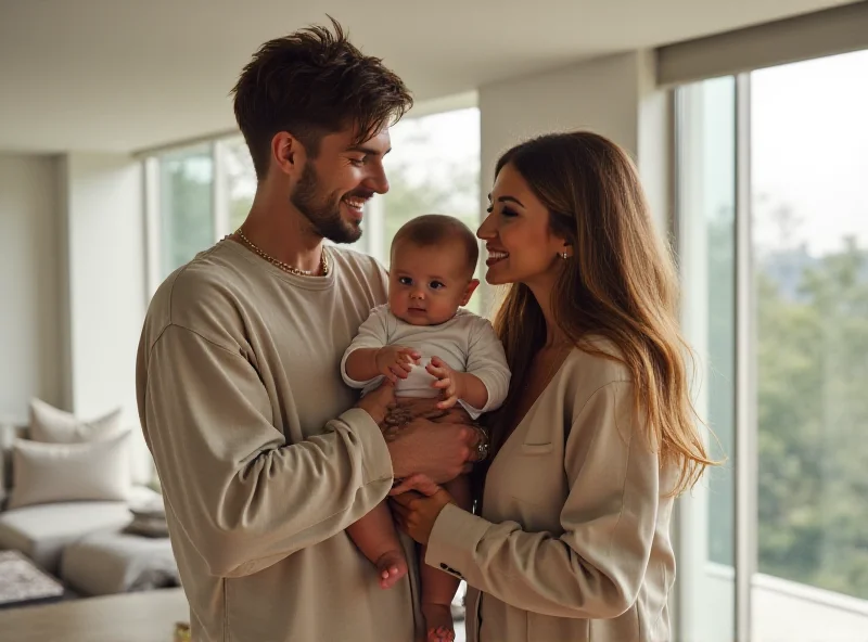 Justin Bieber holding his baby son, Jack Blues, while Hailey Bieber smiles at them. They are in a modern, minimalist home.