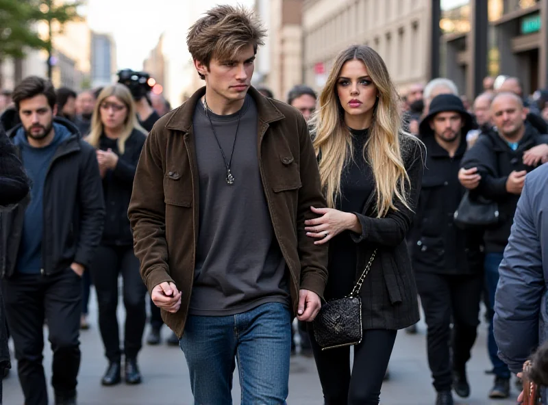 Justin and Hailey Bieber walking down a busy street, surrounded by paparazzi. Hailey looks concerned while Justin appears to be ignoring the cameras.