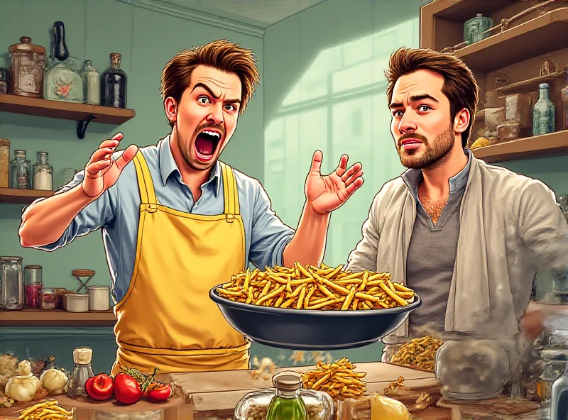 Illustration of a man angrily holding a pan of french fries, arguing with another man in a kitchen.