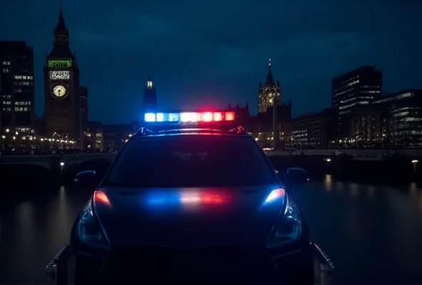 A dramatic, slightly blurred image of Liverpool's skyline at night, with a police car's flashing lights reflected in the water of the Mersey River.