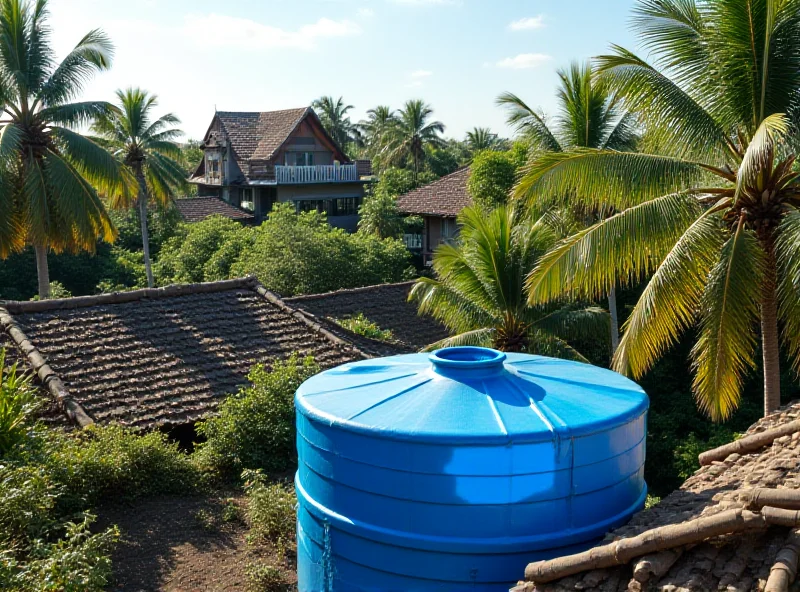 A wide shot of a traditional Balinese rooftop with a water tank. The scene is sunny, and the image suggests a tropical climate.