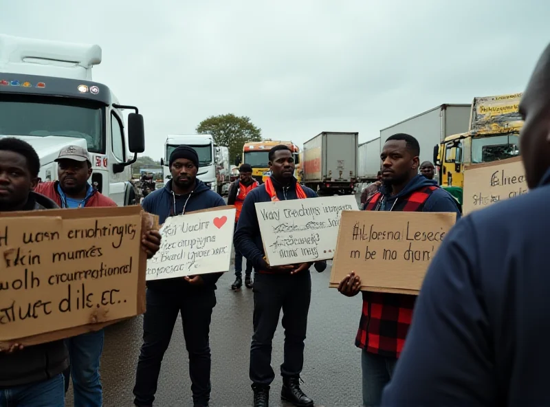 A group of Zimbabwean truck drivers protesting at a German rest stop with signs in various languages.