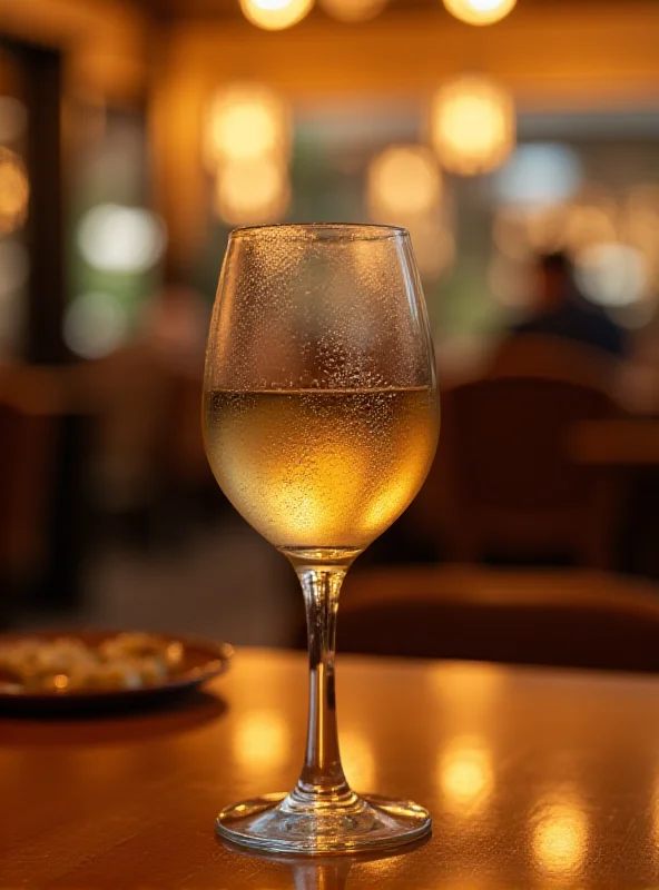 A half-empty glass of German white wine on a table in a restaurant, with a blurred background.