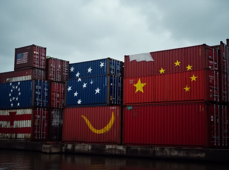 A visual representation of trade tensions between the United States and China, symbolized by shipping containers and national flags.