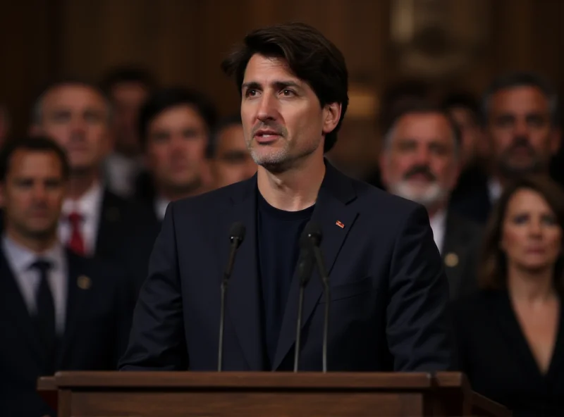 Justin Trudeau addressing a crowd with a serious expression.