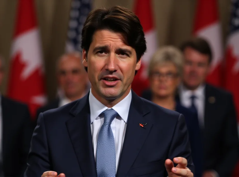 Justin Trudeau speaking at a press conference, looking determined