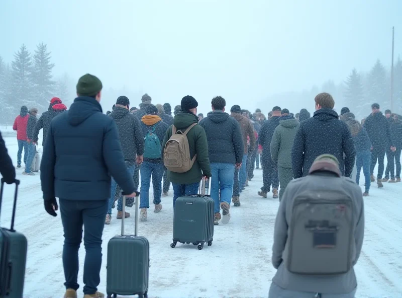 A long line of people crossing a border into Canada