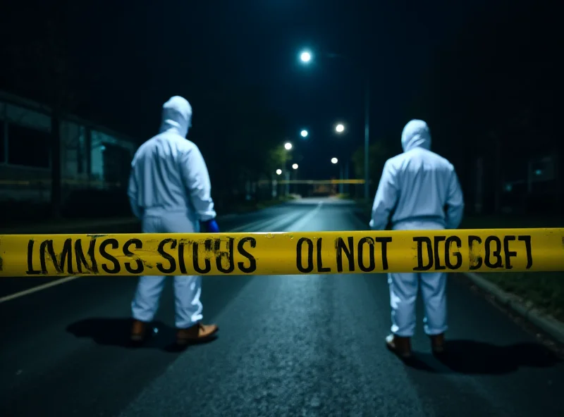 Forensic scientists examining evidence at a crime scene with yellow tape in the background.