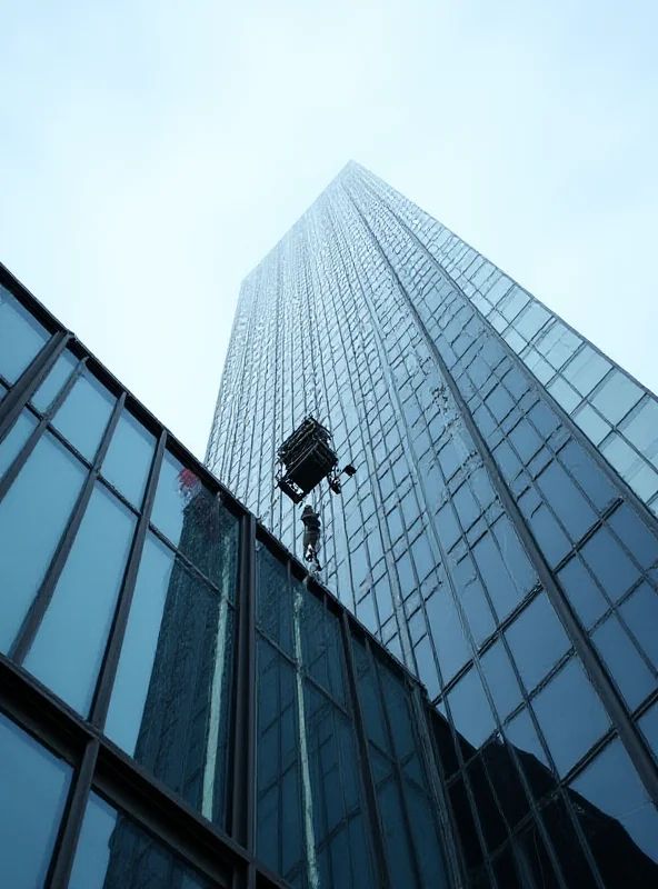 A high-rise building in New York City with a window washing platform dangling precariously.