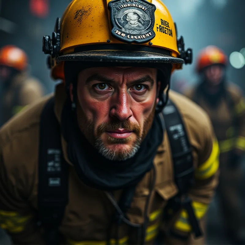 Close-up of a firefighter's face, showing determination and focus, with a blurry cityscape in the background.