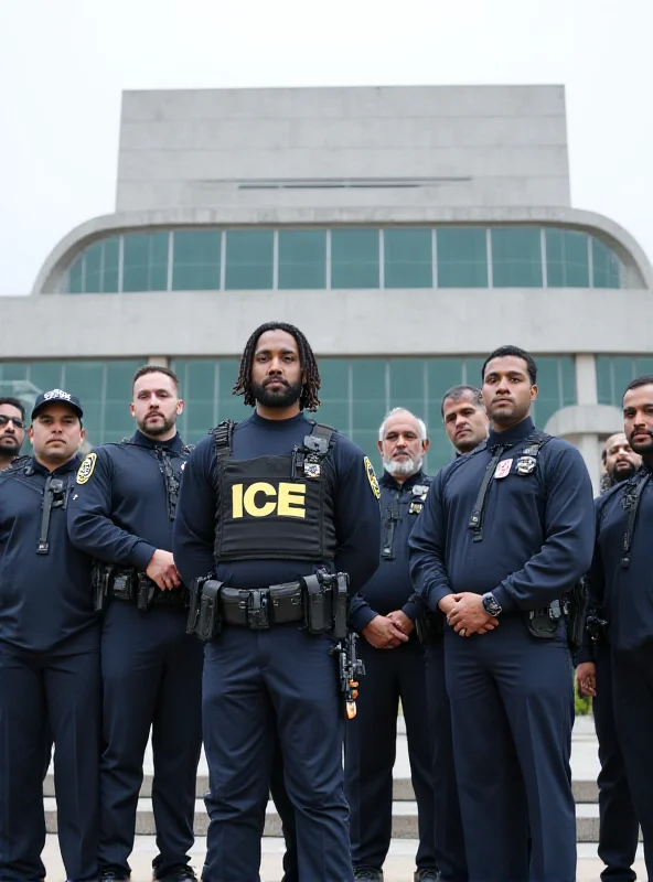 A group of ICE agents standing in front of a government building.