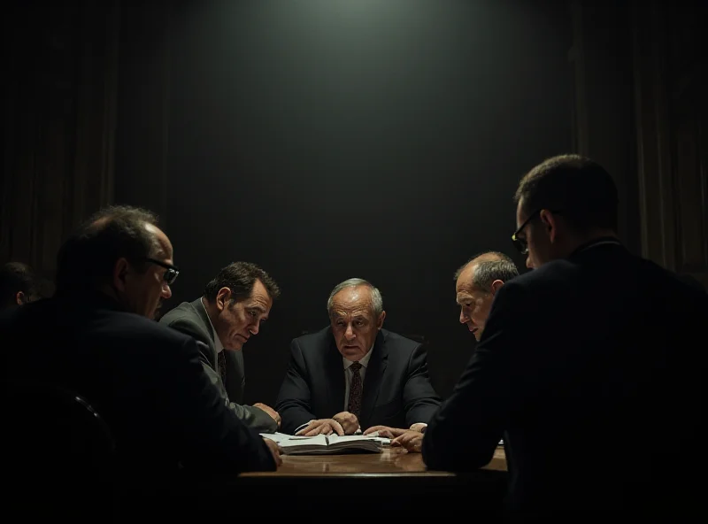 A depiction of a tense negotiation scene in a dimly lit room.