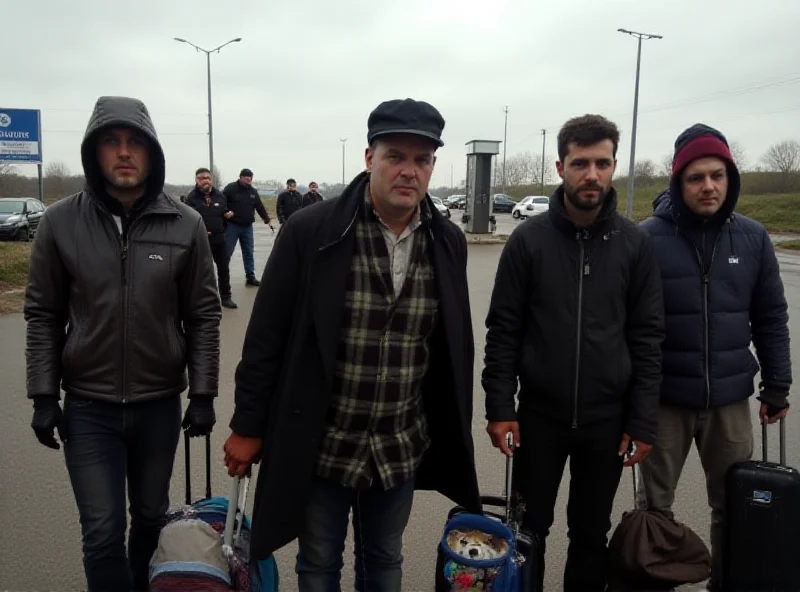 A group of Ukrainian refugees standing with luggage near a border crossing.