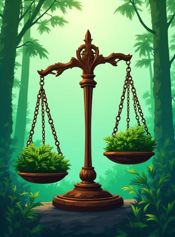 Illustration of scales of justice in front of a forest landscape