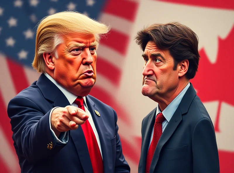 A caricature of Donald Trump pointing an accusing finger at a perplexed-looking Justin Trudeau, with the US and Canadian flags in the background.