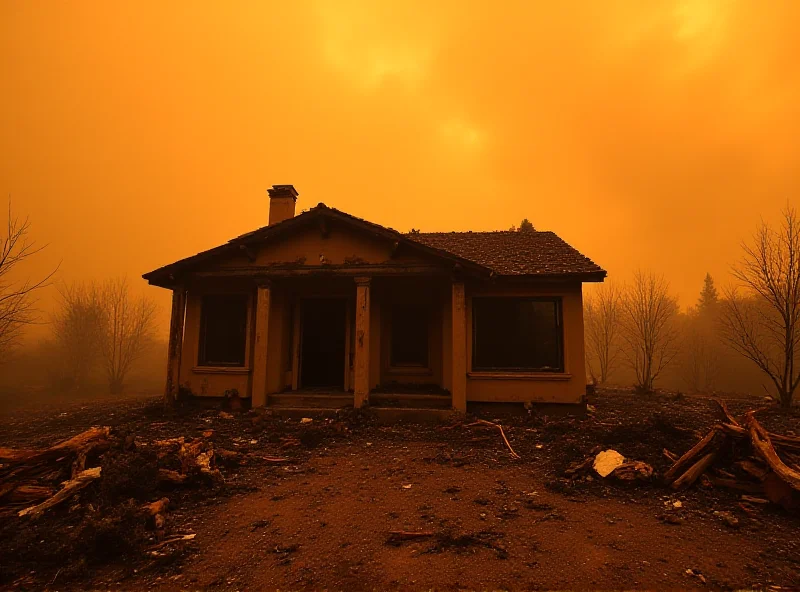 A damaged house in a neighborhood after a wildfire, with smoke still rising in the background. The sky is orange and hazy.