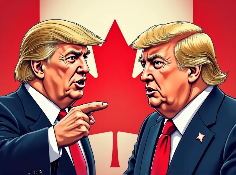 Illustration of Donald Trump pointing his finger accusingly at a cartoon image of Justin Trudeau, with a Canadian flag in the background.