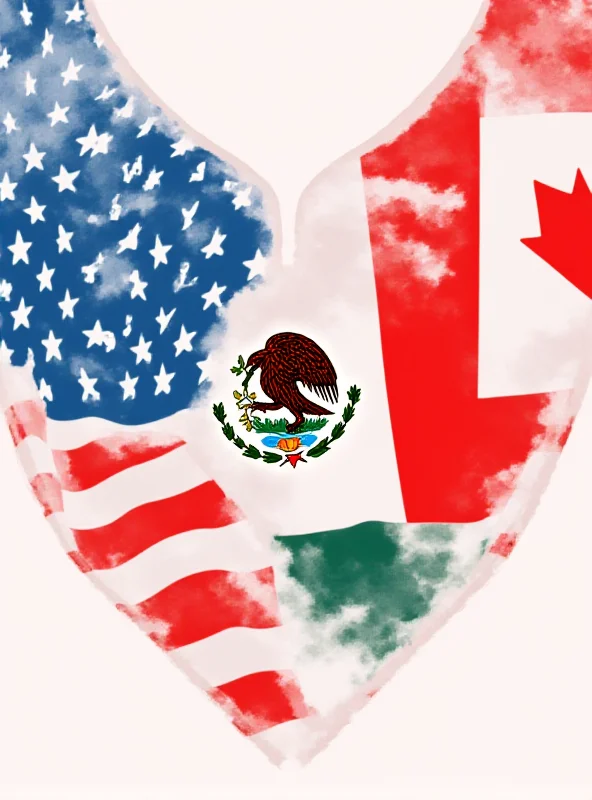 A graphic depicting the flags of the United States, Mexico, and Canada intertwined, symbolizing the USMCA trade agreement.