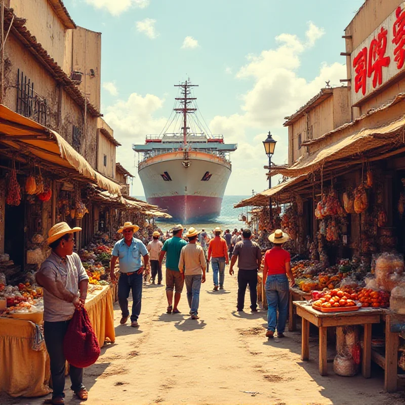 A bustling Mexican marketplace scene with vendors selling various goods, and in the background, a subtle depiction of Chinese-made products being offloaded from a container ship.