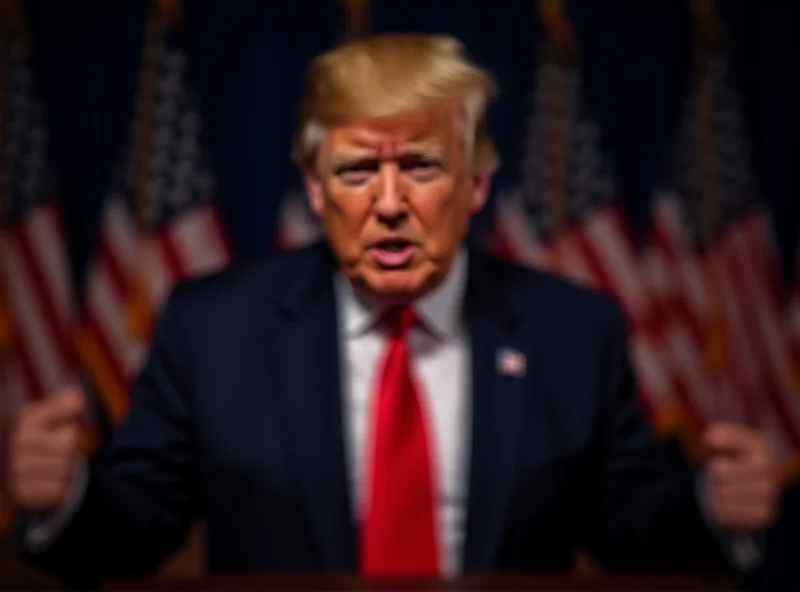 Donald Trump speaking at a podium with an intense expression, American flags in the background.