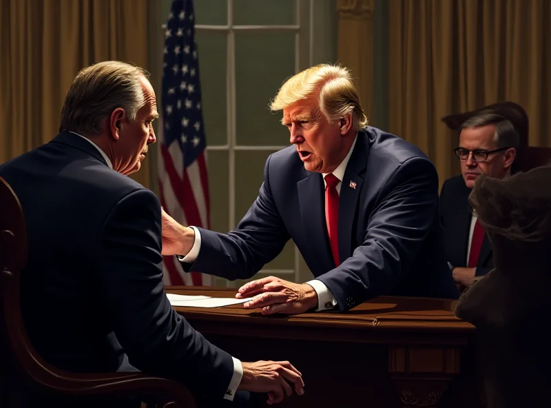 Illustration of a tense meeting between Trump and Zelensky in the Oval Office. Trump is standing and gesturing emphatically, while Zelensky sits with a concerned expression. The Oval Office is visible in the background.