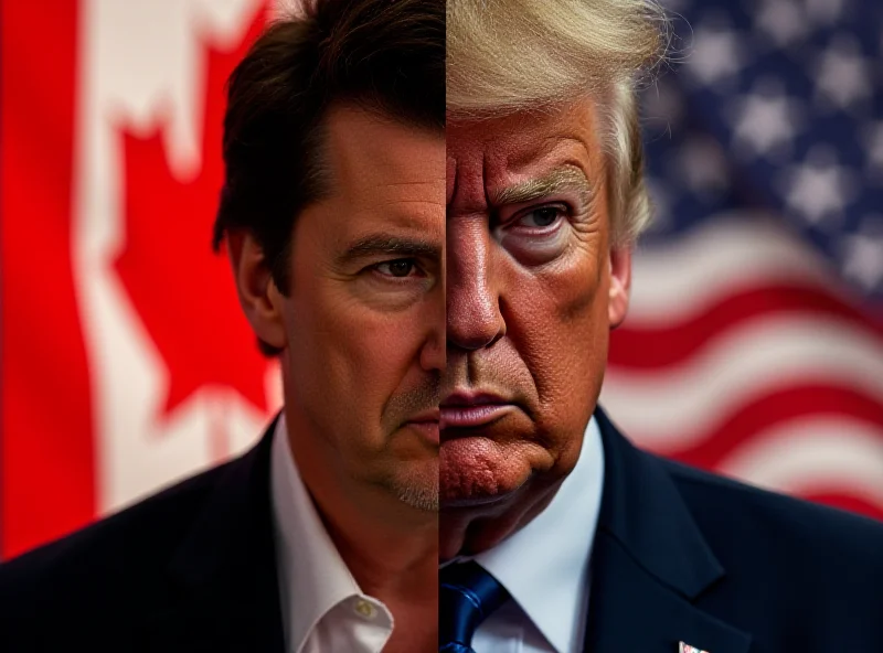 A split image showing Justin Trudeau on one side and Donald Trump on the other, both looking serious. The background features a stylized Canadian flag on Trudeau's side and an American flag on Trump's side.