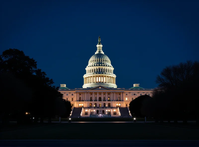 A wide shot of the United States Capitol Building at night, illuminated with lights. The sky is dark and clear. The image is taken from a slightly elevated perspective, showing the building in its full grandeur.