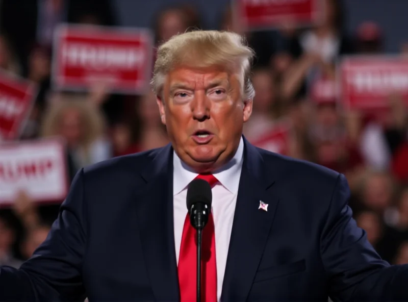 Donald Trump speaking at a rally with a serious expression.