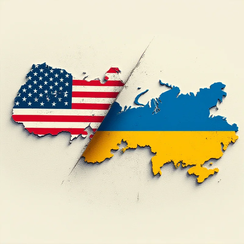 A digital illustration representing the tension between the United States, Ukraine, and Russia with flags and symbolic imagery.