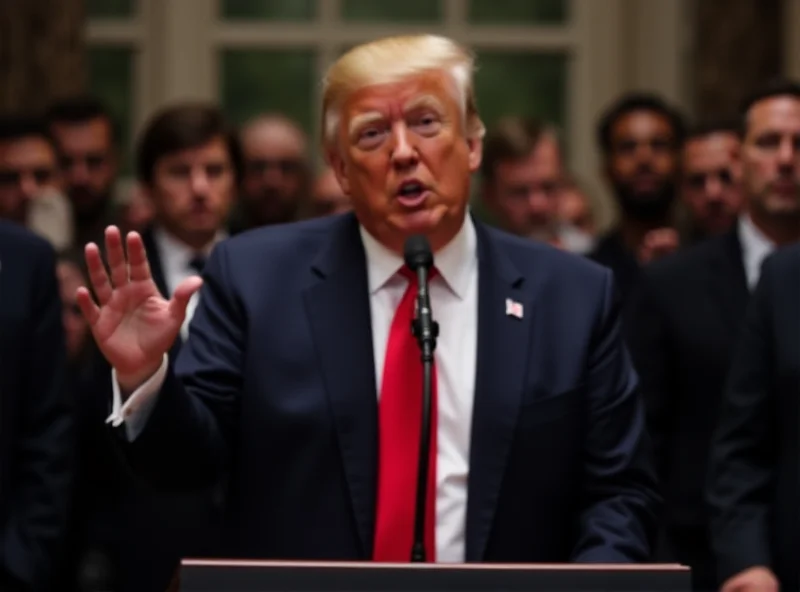 Donald Trump speaking at a podium with a serious expression.