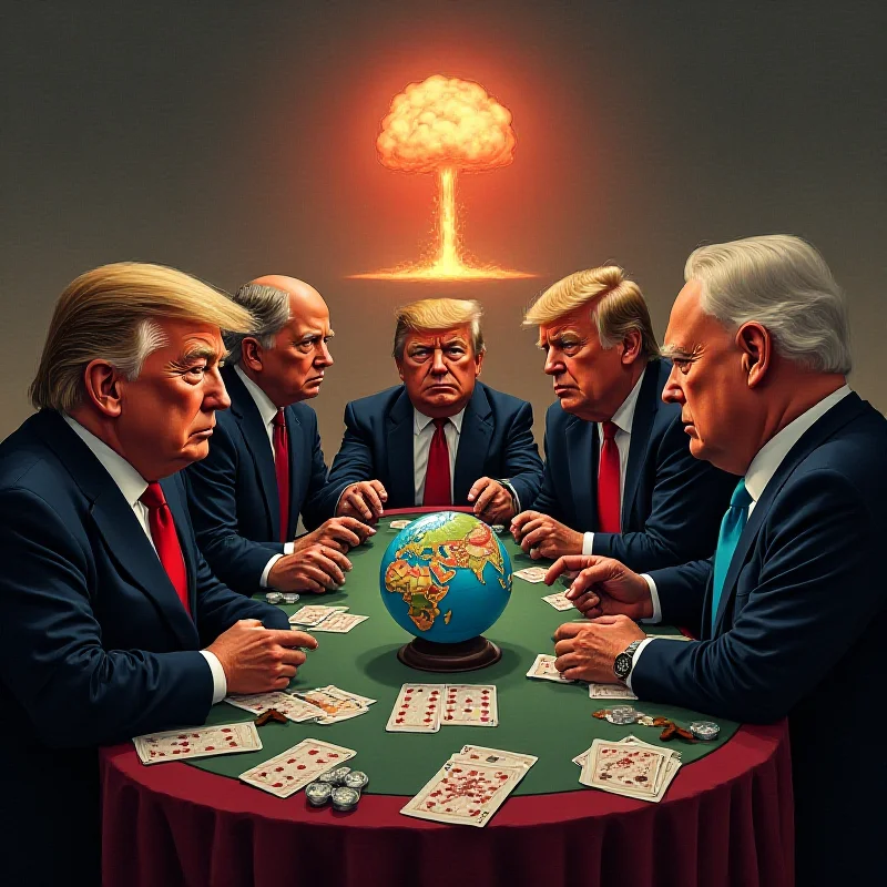 An illustration depicting a card game with world leaders as players, symbolizing the risk of World War III.