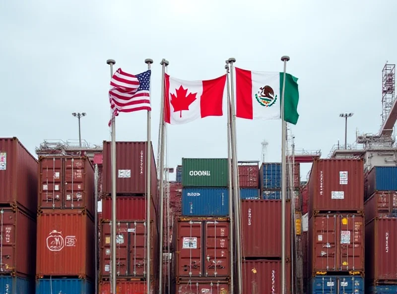 Containers at a port with US, Canadian, and Mexican flags